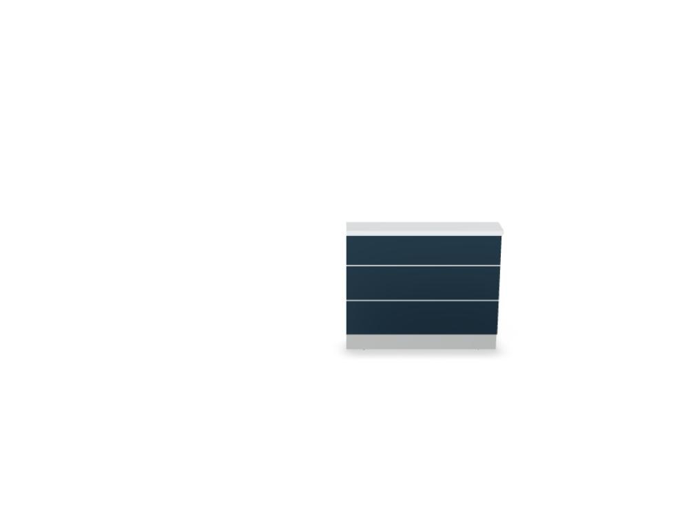 Empfangstheke Valde in Weiss Pastell mit Glas-Oberplatte, Aluminium-Dekorstreifen, HPL-Hochglanzfront und durchgehender LED-Beleuchtung an der Thekenlänge