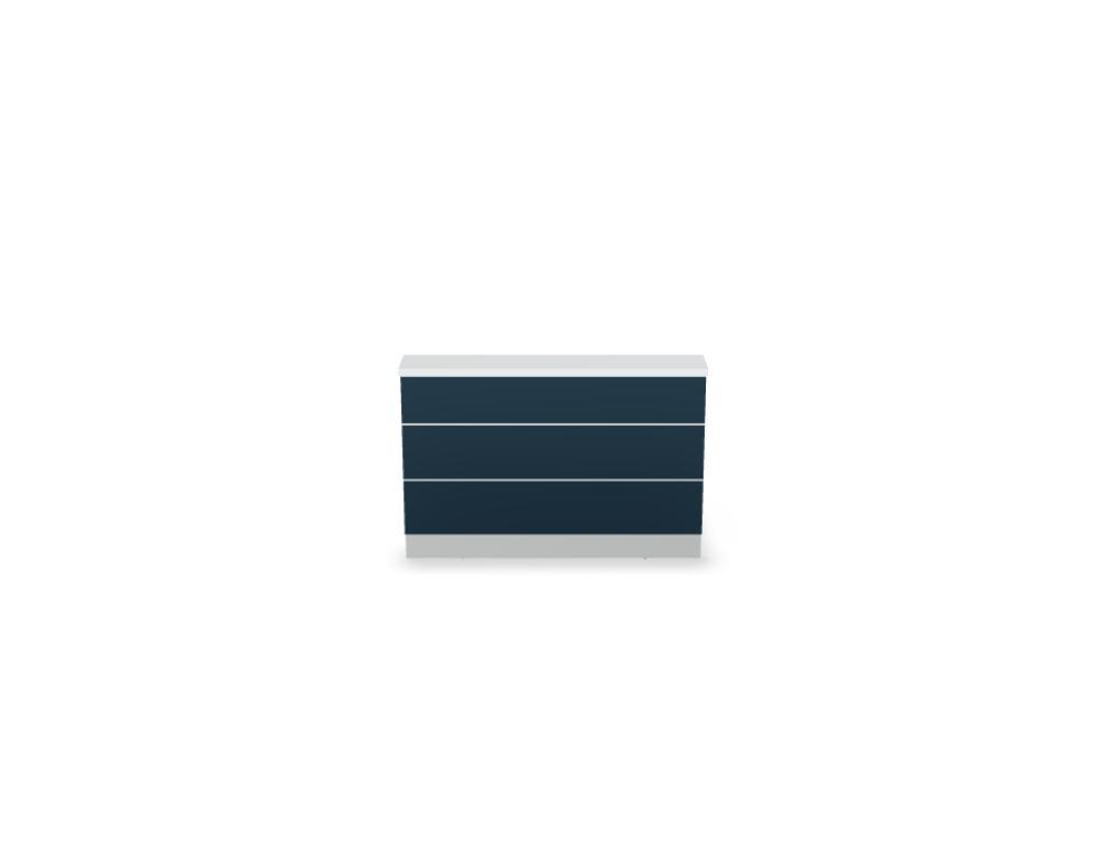 Empfangstheke Valde in Weiss Pastell mit Glas-Oberplatte, Aluminium-Dekorstreifen, HPL-Hochglanzfront und durchgehender LED-Beleuchtung an der Thekenlänge