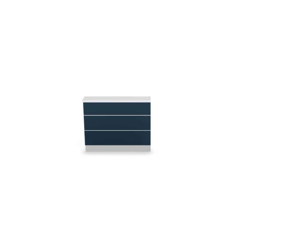 Empfangstheke Valde in Weiss Pastell mit Glas-Oberplatte, Aluminium-Dekorstreifen, HPL-Hochglanzfront und durchgehender LED-Beleuchtung an der Thekenlänge