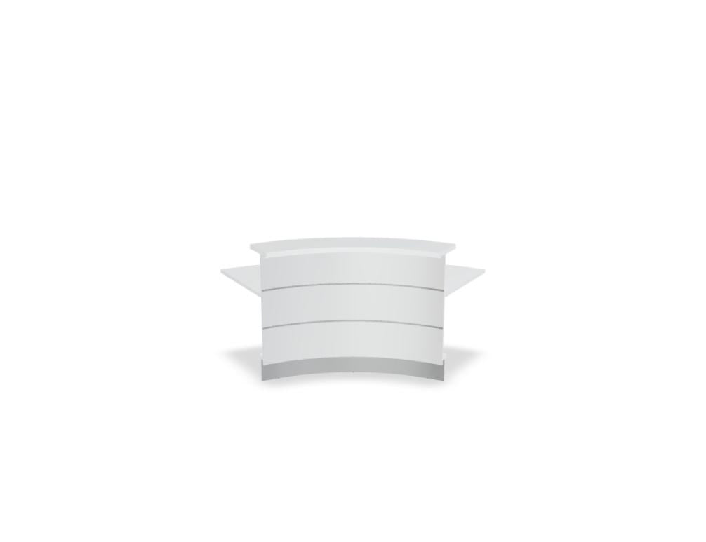 Empfangstheke Valde in Weiss Pastell mit Glas-Oberplatte, Aluminium-Dekorstreifen, HPL-Hochglanzfront und durchgehender LED-Beleuchtung an der Thekenlänge