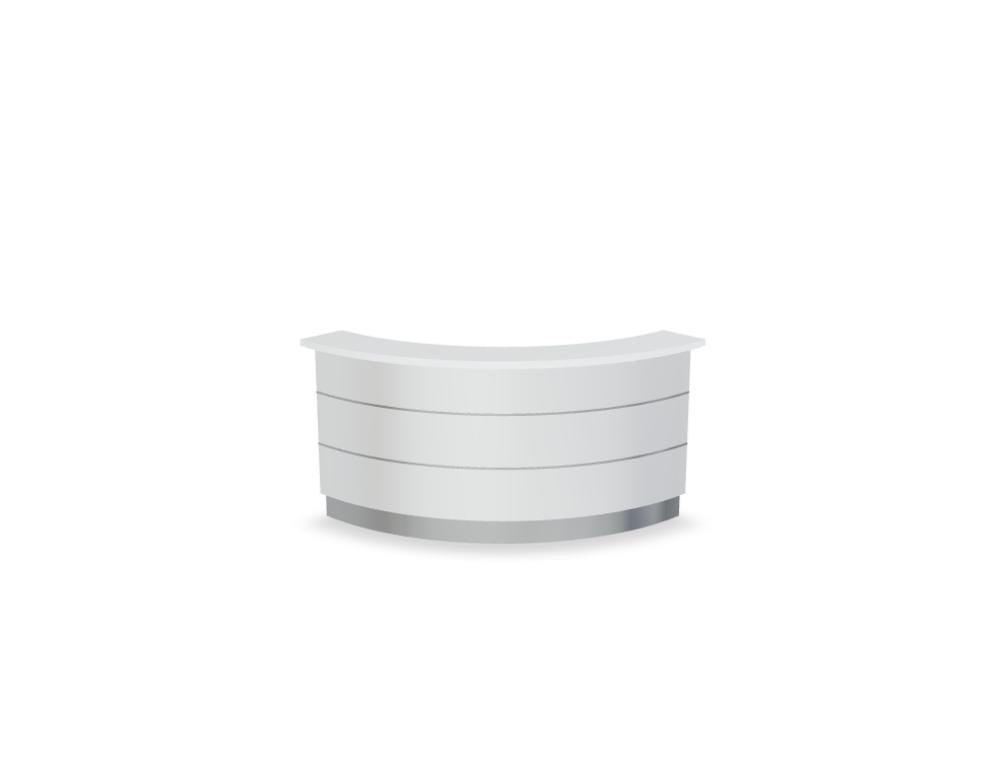 Empfangstheke Valde in Weiss Pastell mit Glas-Oberplatte, Aluminium-Dekorstreifen, HPL-Hochglanzfront und durchgehender LED-Beleuchtung an der Thekenlänge