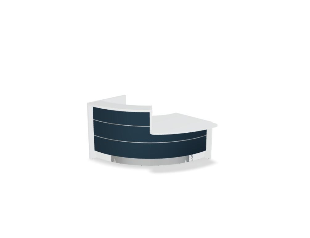 Empfangstheke Valde in Weiss Pastell mit Glas-Oberplatte, Aluminium-Dekorstreifen, HPL-Hochglanzfront und durchgehender LED-Beleuchtung an der Thekenlänge