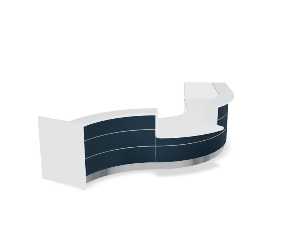 Empfangstheke Valde in Weiss Pastell mit Glas-Oberplatte, Aluminium-Dekorstreifen, HPL-Hochglanzfront und durchgehender LED-Beleuchtung an der Thekenlänge