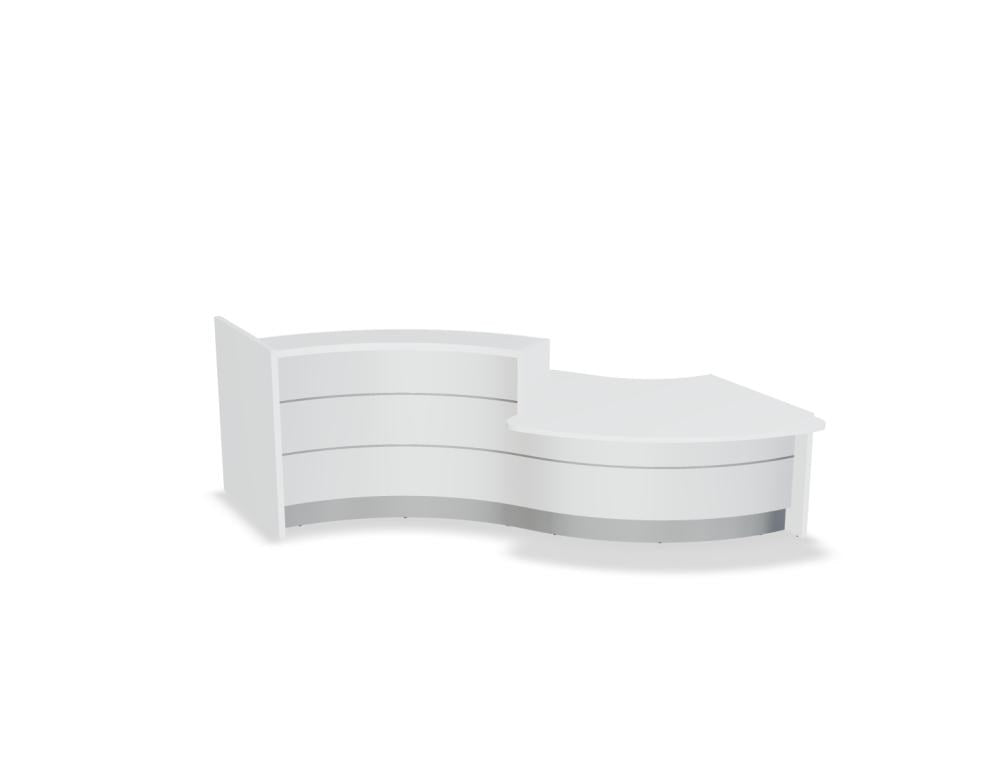 Empfangstheke Valde in Weiss Pastell mit Glas-Oberplatte, Aluminium-Dekorstreifen, HPL-Hochglanzfront und durchgehender LED-Beleuchtung an der Thekenlänge