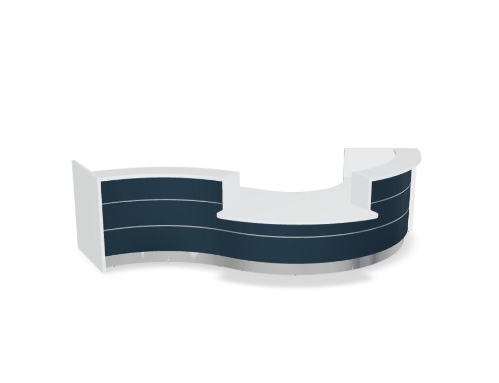 Empfangstheke Valde in Weiss Pastell mit Glas-Oberplatte, Aluminium-Dekorstreifen, HPL-Hochglanzfront und durchgehender LED-Beleuchtung an der Thekenlänge