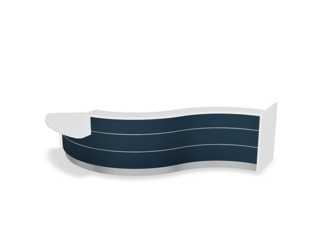 Empfangstheke Valde in Weiss Pastell mit Glas-Oberplatte, Aluminium-Dekorstreifen, HPL-Hochglanzfront und durchgehender LED-Beleuchtung an der Thekenlänge