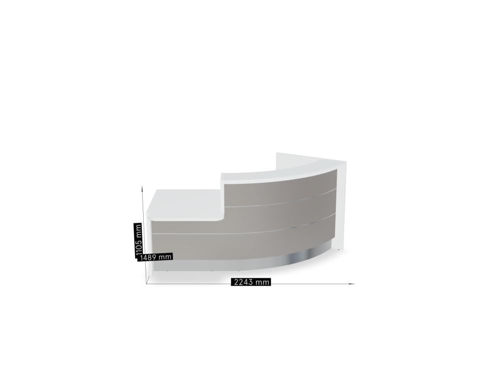 Empfangstheke Valde in Weiss Pastell mit Glas-Oberplatte, Aluminium-Dekorstreifen, HPL-Hochglanzfront und durchgehender LED-Beleuchtung an der Thekenlänge
