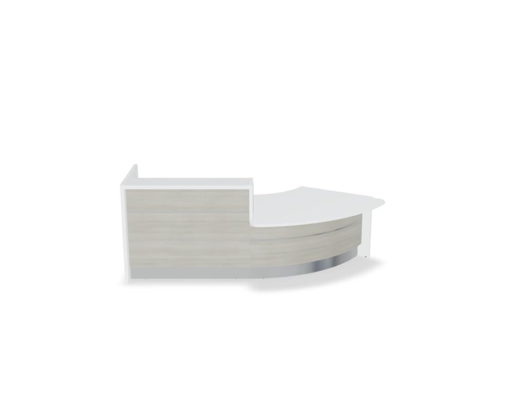 Empfangstheke Valde in Weiss Pastell mit Glas-Oberplatte, Aluminium-Dekorstreifen, HPL-Hochglanzfront und durchgehender LED-Beleuchtung an der Thekenlänge