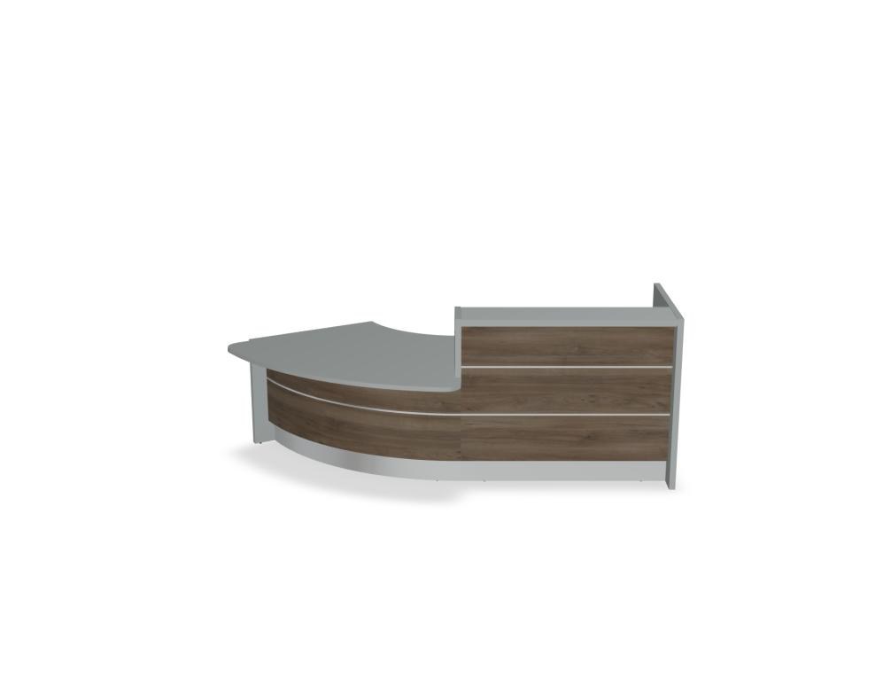 Empfangstheke Valde in Weiss Pastell mit Glas-Oberplatte, Aluminium-Dekorstreifen, HPL-Hochglanzfront und durchgehender LED-Beleuchtung an der Thekenlänge