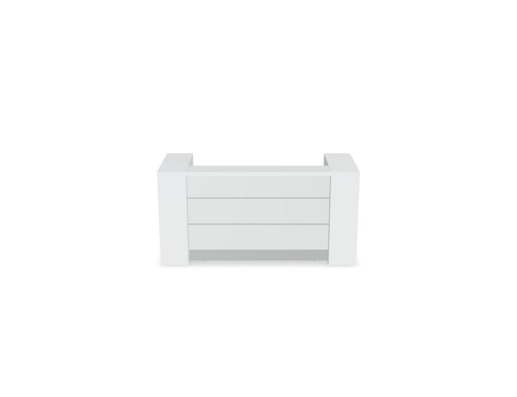 Empfangstheke Valde in Weiss Pastell mit Glas-Oberplatte, Aluminium-Dekorstreifen, HPL-Hochglanzfront und durchgehender LED-Beleuchtung an der Thekenlänge