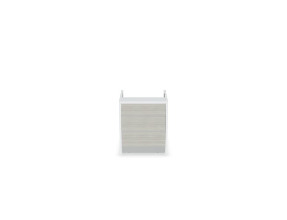 Empfangstheke Valde in Weiss Pastell mit Glas-Oberplatte, Aluminium-Dekorstreifen, HPL-Hochglanzfront und durchgehender LED-Beleuchtung an der Thekenlänge