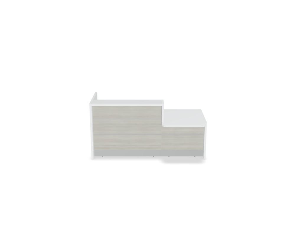Empfangstheke Valde in Weiss Pastell mit Glas-Oberplatte, Aluminium-Dekorstreifen, HPL-Hochglanzfront und durchgehender LED-Beleuchtung an der Thekenlänge