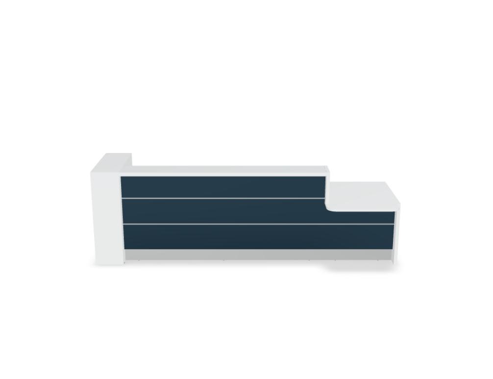 Empfangstheke Valde in Weiss Pastell mit Glas-Oberplatte, Aluminium-Dekorstreifen, HPL-Hochglanzfront und durchgehender LED-Beleuchtung an der Thekenlänge