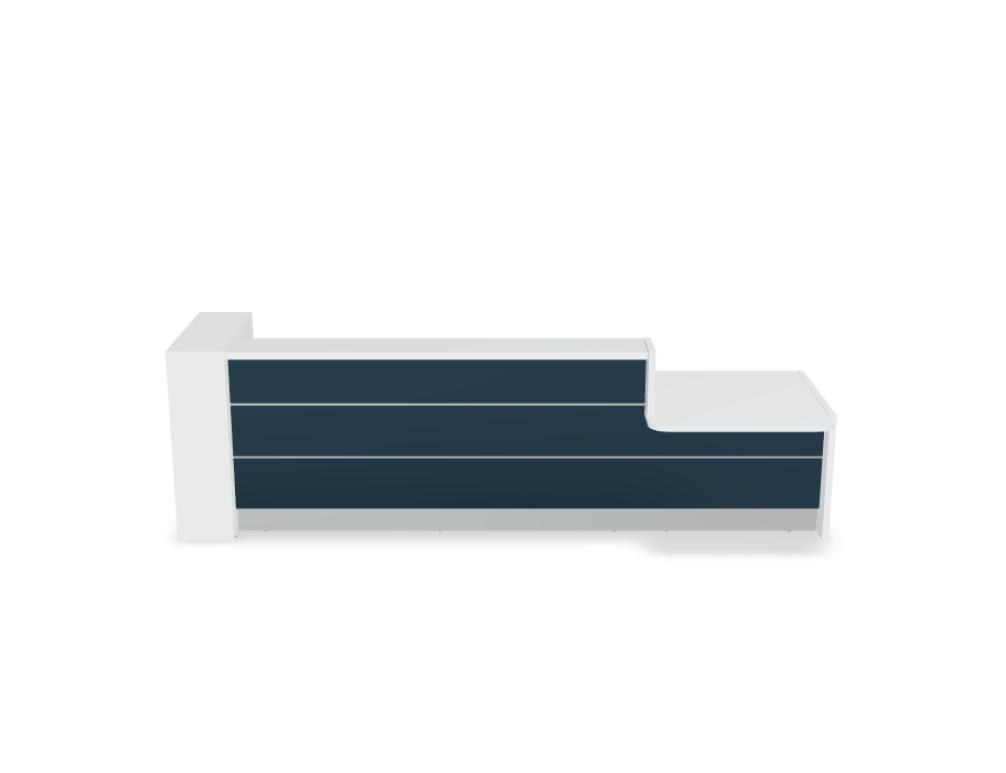 Empfangstheke Valde in Weiss Pastell mit Glas-Oberplatte, Aluminium-Dekorstreifen, HPL-Hochglanzfront und durchgehender LED-Beleuchtung an der Thekenlänge