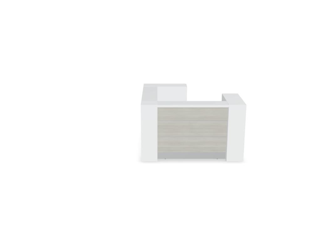 Empfangstheke Valde in Weiss Pastell mit Glas-Oberplatte, Aluminium-Dekorstreifen, HPL-Hochglanzfront und durchgehender LED-Beleuchtung an der Thekenlänge