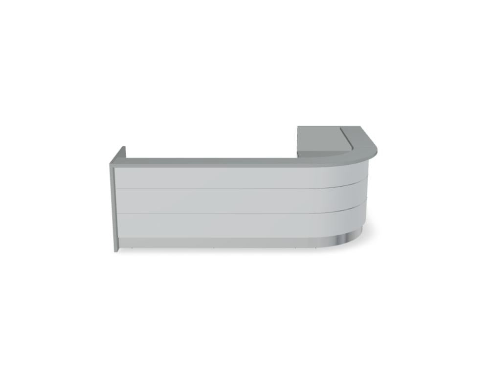 Empfangstheke Valde in Weiss Pastell mit Glas-Oberplatte, Aluminium-Dekorstreifen, HPL-Hochglanzfront und durchgehender LED-Beleuchtung an der Thekenlänge