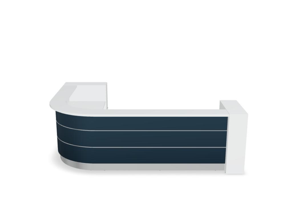 Empfangstheke Valde in Weiss Pastell mit Glas-Oberplatte, Aluminium-Dekorstreifen, HPL-Hochglanzfront und durchgehender LED-Beleuchtung an der Thekenlänge