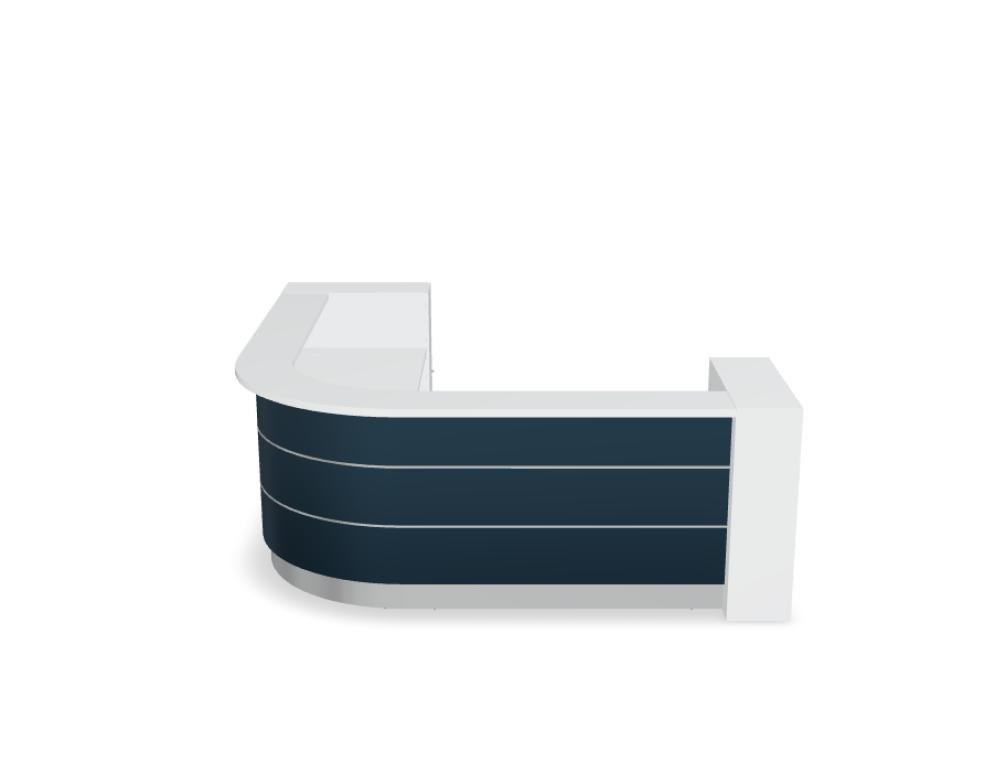 Empfangstheke Valde in Weiss Pastell mit Glas-Oberplatte, Aluminium-Dekorstreifen, HPL-Hochglanzfront und durchgehender LED-Beleuchtung an der Thekenlänge