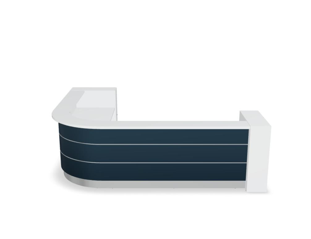 Empfangstheke Valde in Weiss Pastell mit Glas-Oberplatte, Aluminium-Dekorstreifen, HPL-Hochglanzfront und durchgehender LED-Beleuchtung an der Thekenlänge