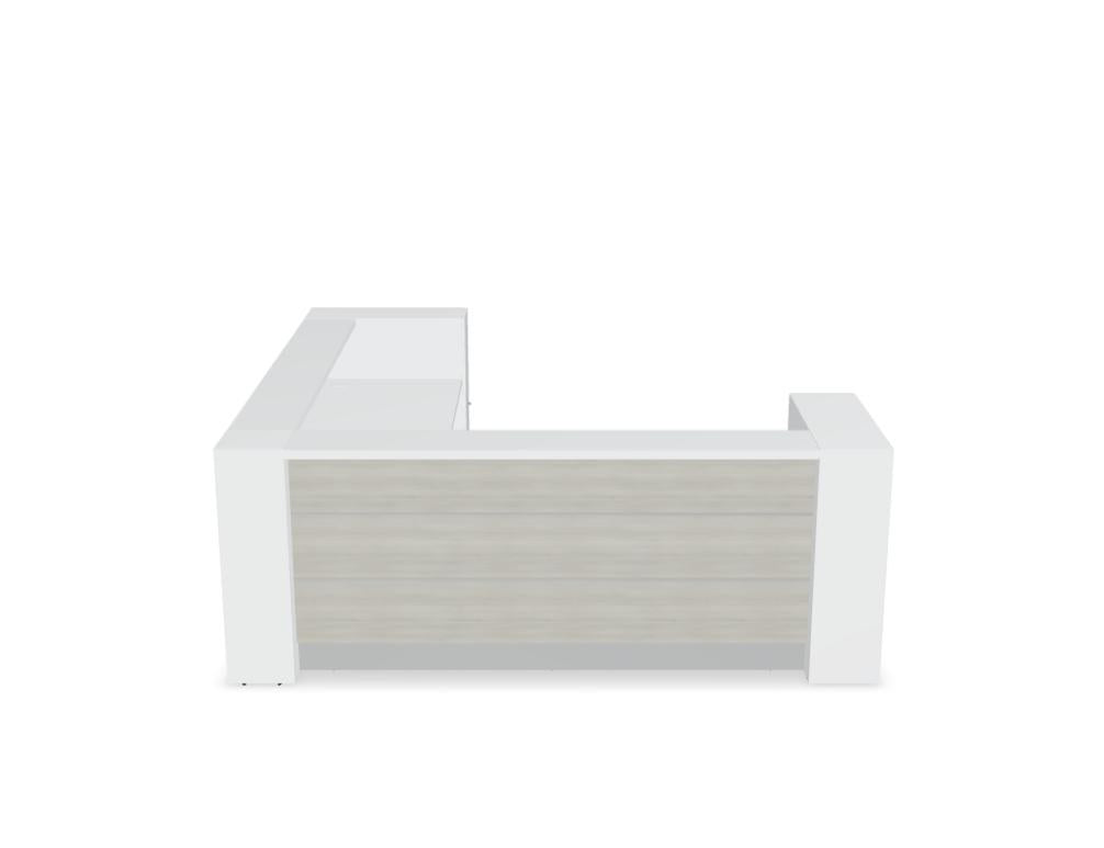 Empfangstheke Valde in Weiss Pastell mit Glas-Oberplatte, Aluminium-Dekorstreifen, HPL-Hochglanzfront und durchgehender LED-Beleuchtung an der Thekenlänge