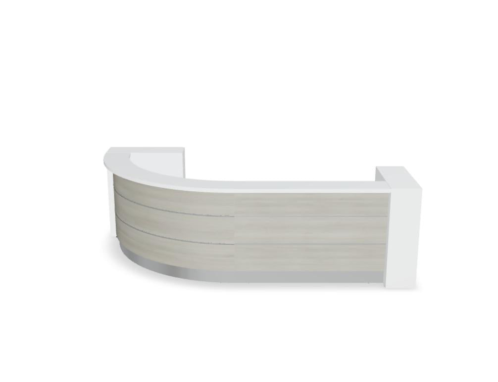Empfangstheke Valde in Weiss Pastell mit Glas-Oberplatte, Aluminium-Dekorstreifen, HPL-Hochglanzfront und durchgehender LED-Beleuchtung an der Thekenlänge