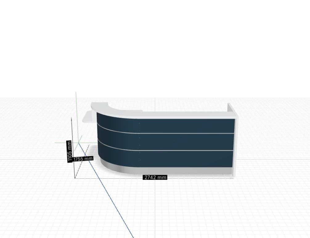 Empfangstheke Valde in Weiss Pastell mit Glas-Oberplatte, Aluminium-Dekorstreifen, HPL-Hochglanzfront und durchgehender LED-Beleuchtung an der Thekenlänge