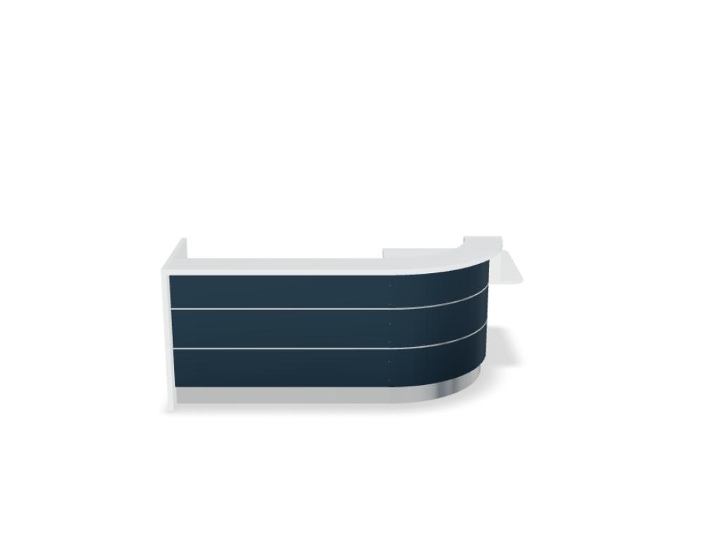 Empfangstheke Valde in Weiss Pastell mit Glas-Oberplatte, Aluminium-Dekorstreifen, HPL-Hochglanzfront und durchgehender LED-Beleuchtung an der Thekenlänge