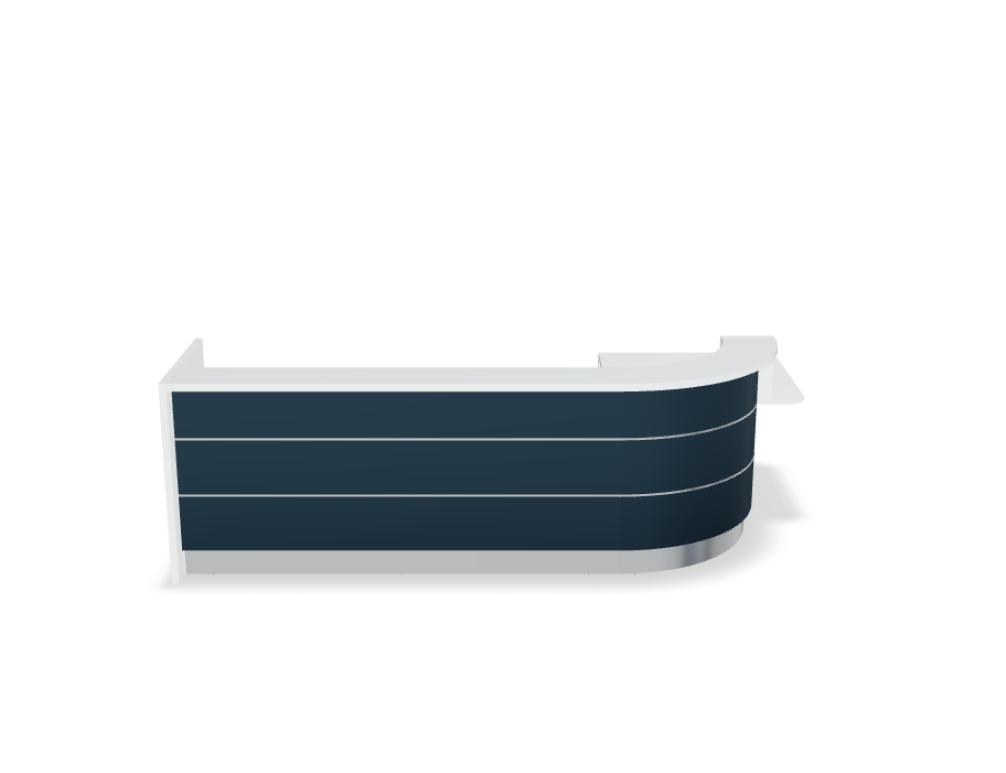 Empfangstheke Valde in Weiss Pastell mit Glas-Oberplatte, Aluminium-Dekorstreifen, HPL-Hochglanzfront und durchgehender LED-Beleuchtung an der Thekenlänge