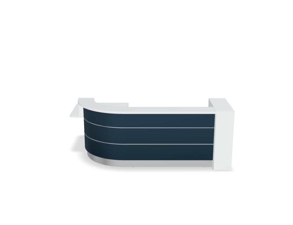 Empfangstheke Valde in Weiss Pastell mit Glas-Oberplatte, Aluminium-Dekorstreifen, HPL-Hochglanzfront und durchgehender LED-Beleuchtung an der Thekenlänge