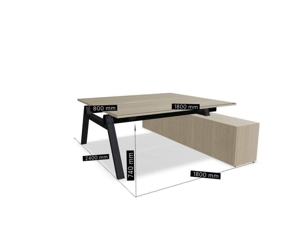 Doppelschreibtisch Viga von Mdd mit Managerschrank, Farbe Dunkle Walnuss, Aluminiumgestell, Naturholz-Fuss aus Eiche, Grösse 160x240x74 cm.