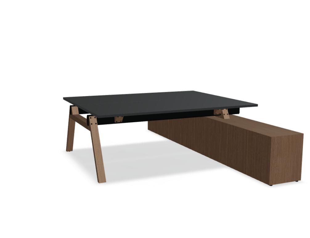 Doppelschreibtisch Viga von Mdd mit Managerschrank, Farbe Dunkle Walnuss, Aluminiumgestell, Naturholz-Fuss aus Eiche, Grösse 160x240x74 cm.