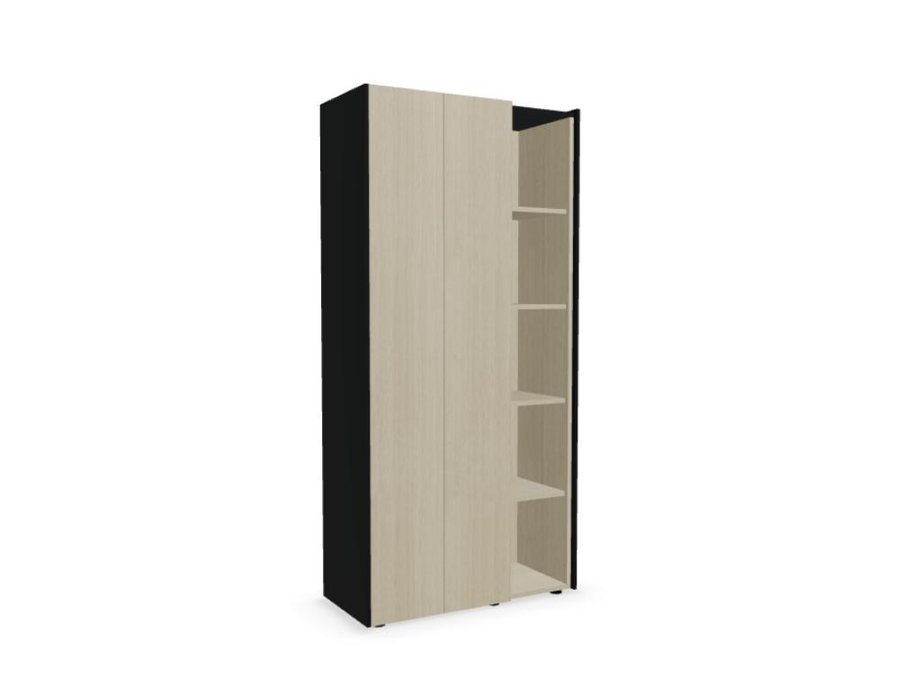 Schwarzer Kleiderschrank Viga mit geschlossenem Fach, ausziehbarem Kleiderbügel und offenen Regalfächern, Front in dunkler Walnuss, Hersteller Mdd.