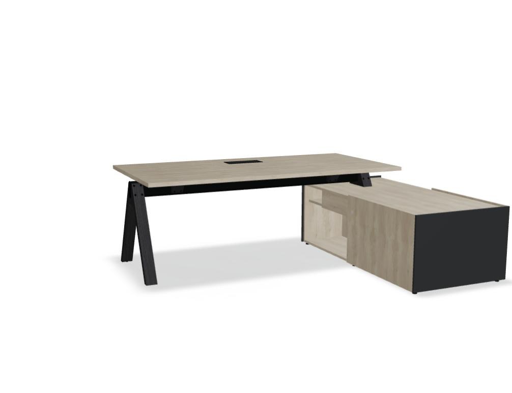 Chefschreibtisch Viga von Mdd in Dunkle Walnuss mit anodisiertem Aluminium-Gestell, Naturholz-Eichenfuss und Furnier-Arbeitsplatte im Büroraum.