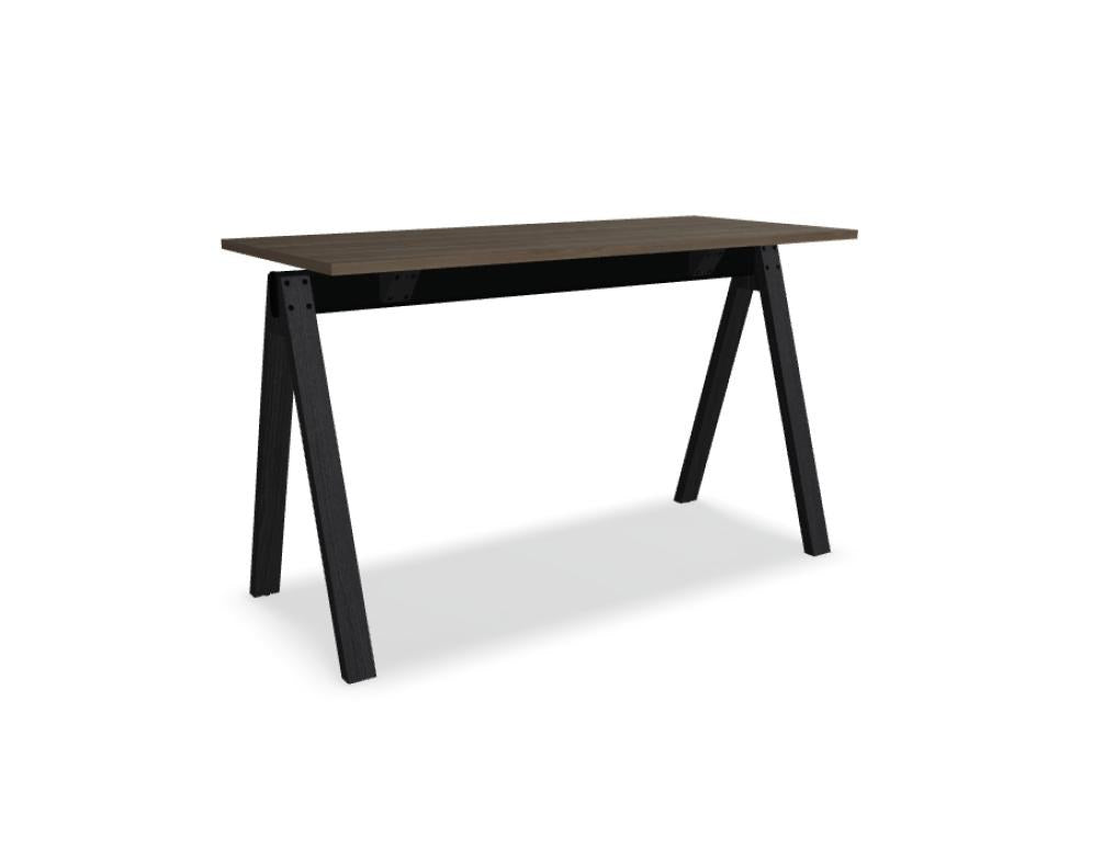 Hochtisch Viga von Mdd in Dunkler Walnuss mit schwarzem Aluminiumgestell und Eichenfuss, Masse 160x80x110 cm, Gesamtansicht des Tisches.