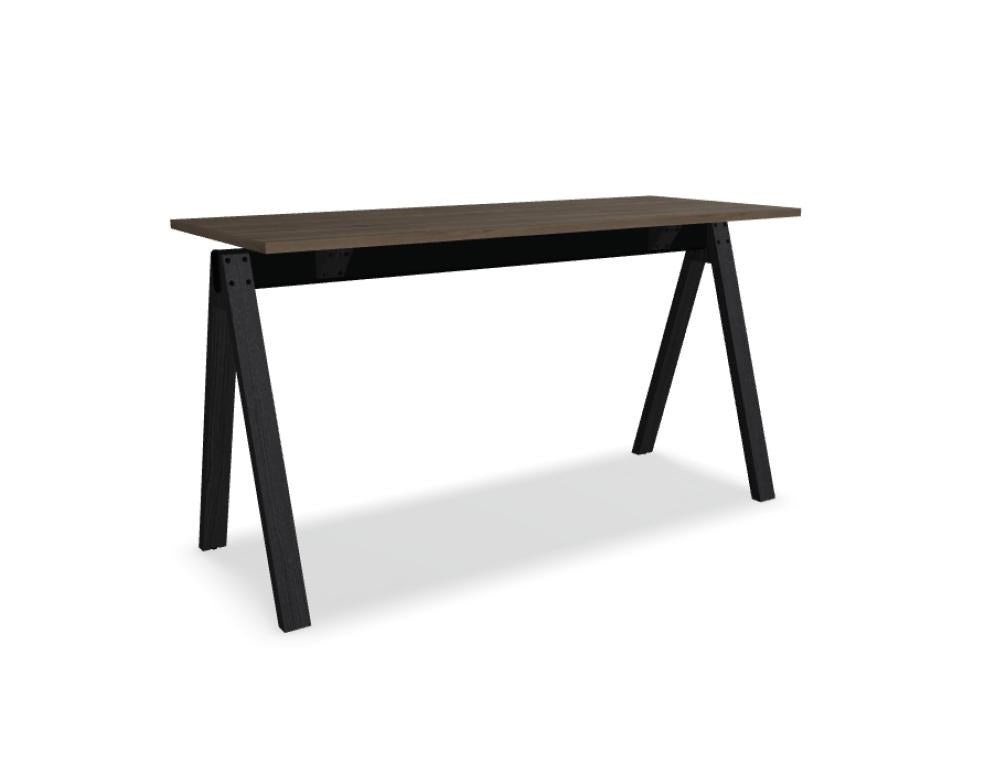 Hochtisch Viga von Mdd in Dunkler Walnuss mit schwarzem Aluminiumgestell und Eichenfuss, Masse 160x80x110 cm, Gesamtansicht des Tisches.