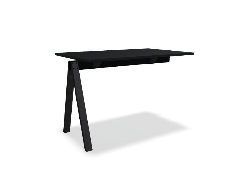 Hochtisch Viga von Mdd in Dunkler Walnuss mit schwarzem Aluminiumgestell und Eichenfuss, Masse 160x80x110 cm, Gesamtansicht des Tisches.