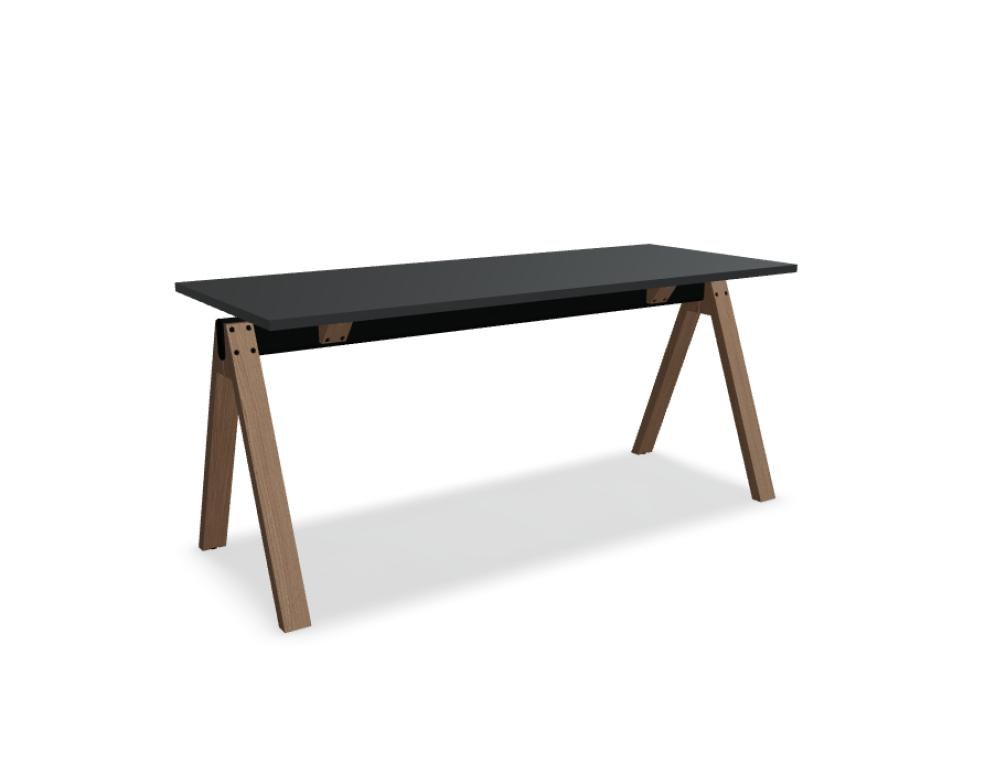 Hochtisch Viga von Mdd in Dunkler Walnuss mit schwarzem Aluminiumgestell und Eichenfuss, Masse 160x80x110 cm, Gesamtansicht des Tisches.