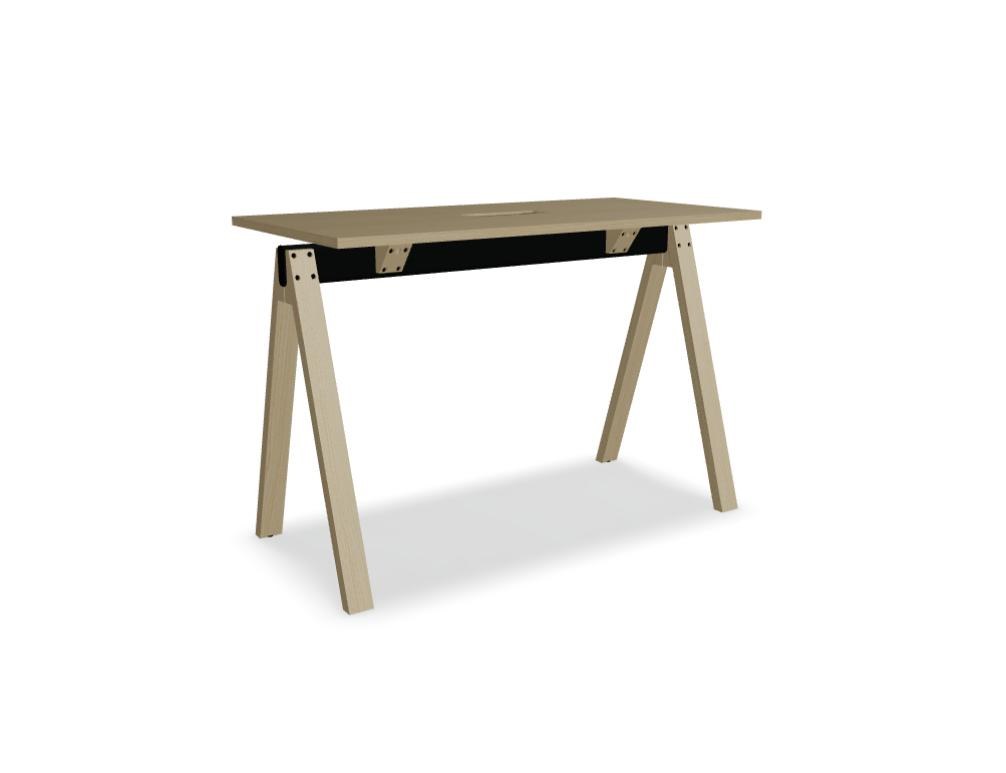 Hochtisch Viga von Mdd in Dunkler Walnuss mit schwarzem Aluminiumgestell und Eichenfuss, Masse 160x80x110 cm, Gesamtansicht des Tisches.
