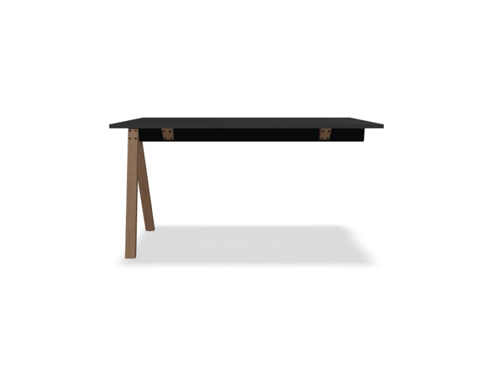 Hochtisch Viga von Mdd in Dunkler Walnuss mit schwarzem Aluminiumgestell und Eichenfuss, Masse 160x80x110 cm, Gesamtansicht des Tisches.