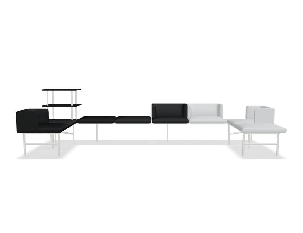 Modulares Sofa Agora von Mdd in Perlweiss mit gepolsterter Rückenlehne, Holzfurnierplatte und Metallgestell auf Füssen.