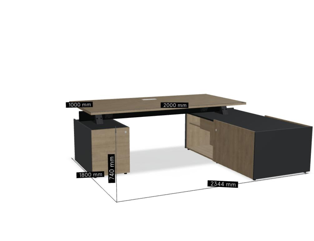 Foto des Viga V38PM Chefschreibtischs mit integriertem Managerschrank und Container, moderne Büroeinrichtung, klare Linien, helle Oberfläche, elegante Stauraumlösungen