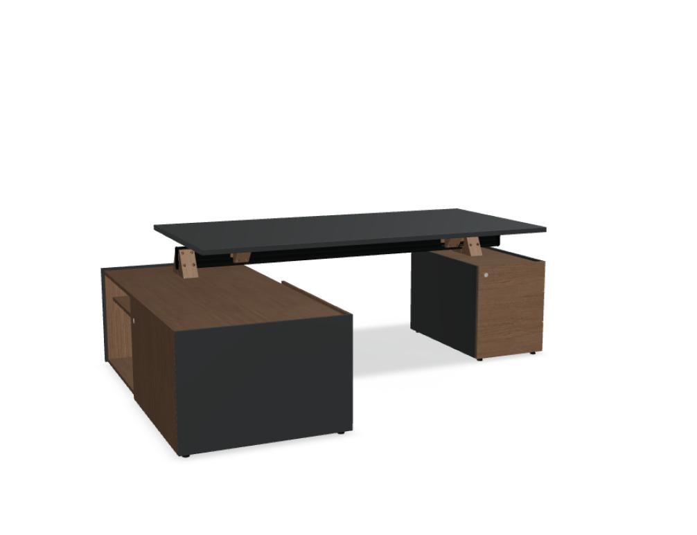 Chefschreibtisch Viga in Dunkler Walnuss mit Aluminiumgestell, Managerschrank und Rollcontainer aus Holzfurnier, Ansicht von vorne.