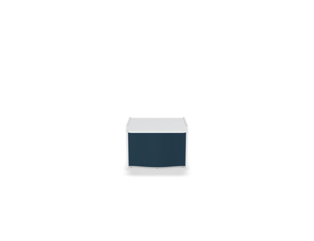 Empfangstheke Wave von Mdd in Weiss Pastell mit organischer HPL-Front, Aluminiumstreifen und modularer Wellenform-Konstruktion.