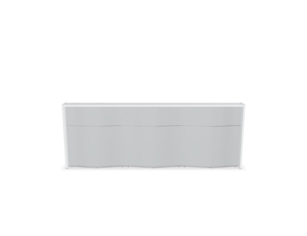 Empfangstheke Wave von Mdd in Weiss Pastell mit organischer HPL-Front, Aluminiumstreifen und modularer Wellenform-Konstruktion.