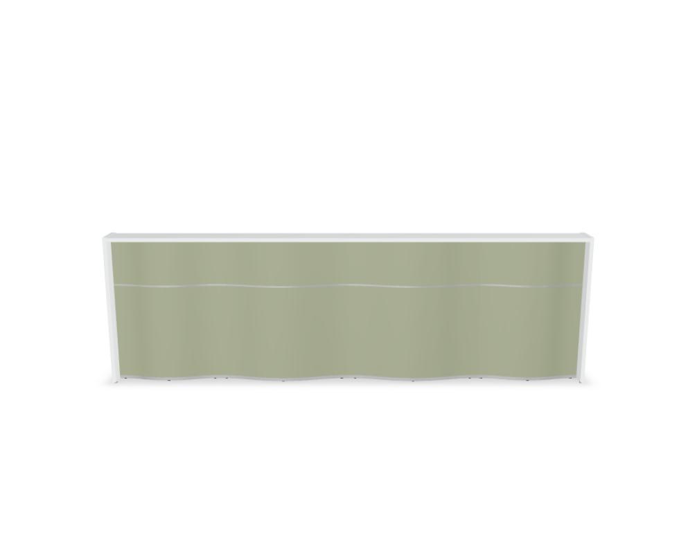 Empfangstheke Wave von Mdd in Weiss Pastell mit organischer HPL-Front, Aluminiumstreifen und modularer Wellenform-Konstruktion.