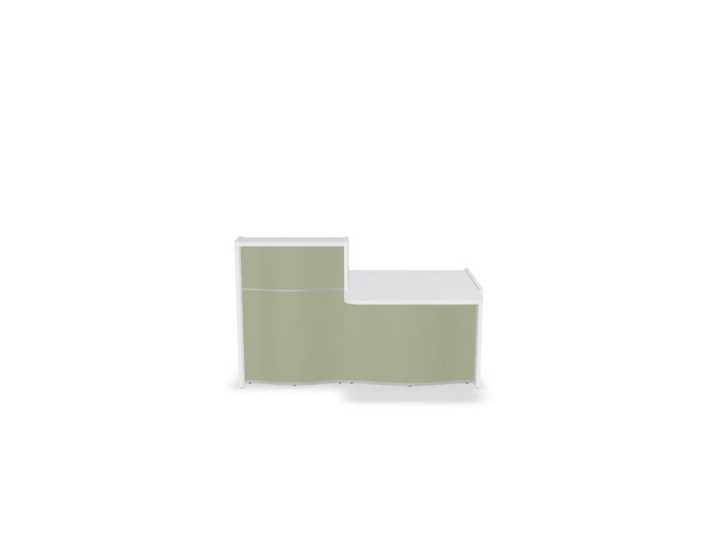 Empfangstheke Wave von Mdd in Weiss Pastell mit organischer HPL-Front, Aluminiumstreifen und modularer Wellenform-Konstruktion.