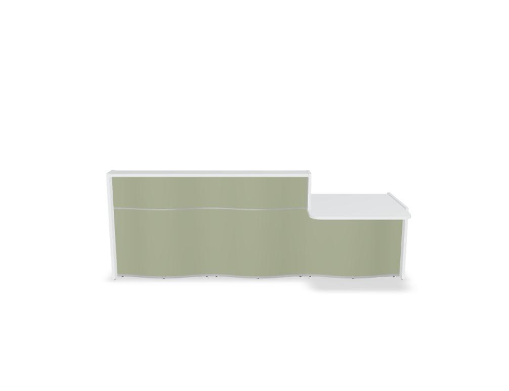 Empfangstheke Wave von Mdd in Weiss Pastell mit organischer HPL-Front, Aluminiumstreifen und modularer Wellenform-Konstruktion.