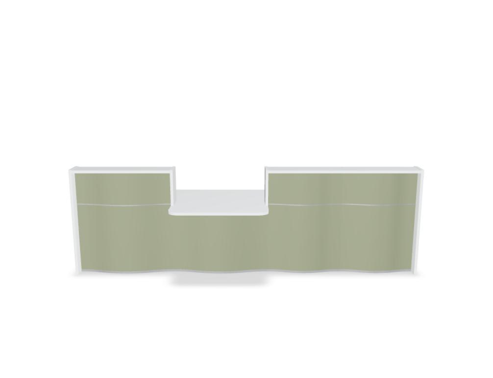 Empfangstheke Wave von Mdd in Weiss Pastell mit organischer HPL-Front, Aluminiumstreifen und modularer Wellenform-Konstruktion.