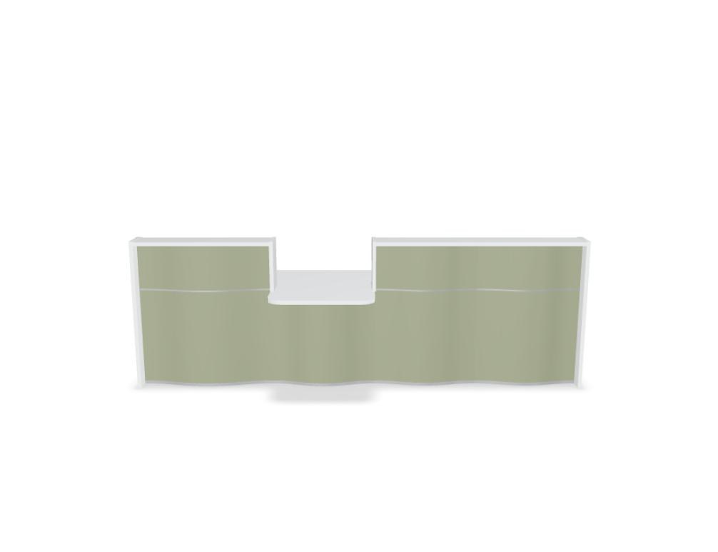 Empfangstheke Wave von Mdd in Weiss Pastell mit organischer HPL-Front, Aluminiumstreifen und modularer Wellenform-Konstruktion.
