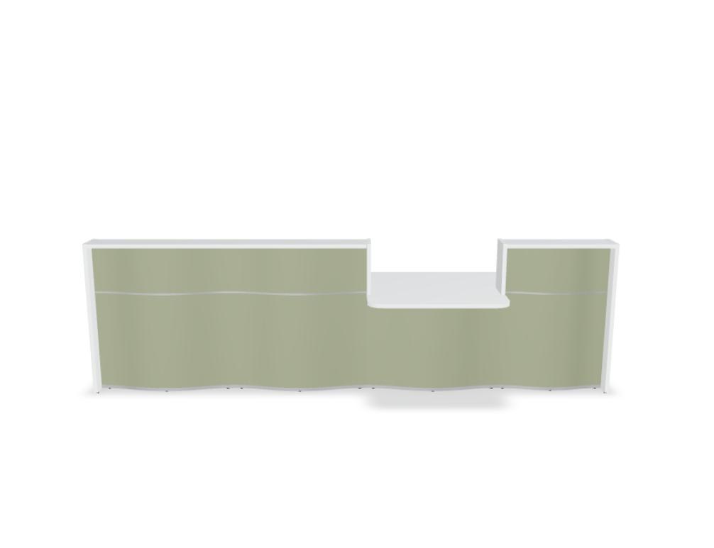 Empfangstheke Wave von Mdd in Weiss Pastell mit organischer HPL-Front, Aluminiumstreifen und modularer Wellenform-Konstruktion.